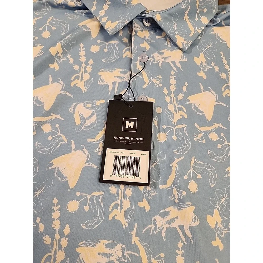 Waggle Buzzin Polo Shirt Mens Medium Blue Bee Floral Print Performance Stretch - Picture 2 of 4